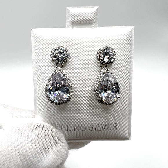 .925 Sterling Silver Rhodium Plated Teardrop CZ Earrings - Picture 11 of 17